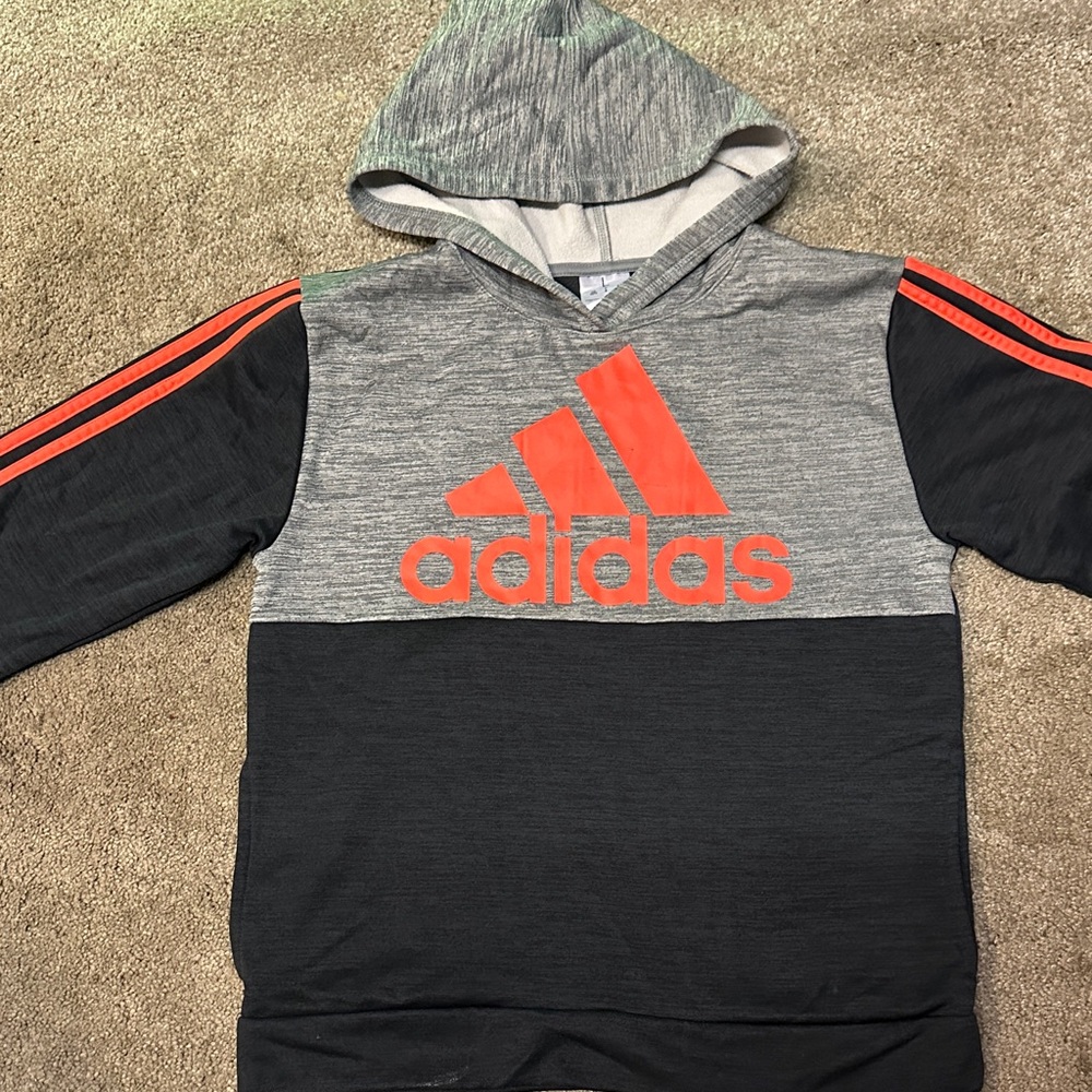 Adidas Boys Logo Hoodie Pullover Fleece Sweatshirt Gray Black Red Size L 14/16